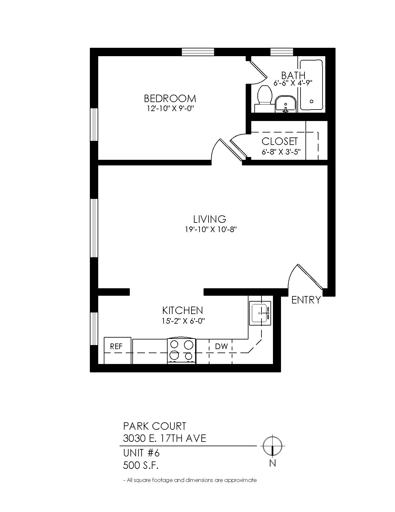 Floor plan for 1 bed, 1 bath, 365 sqft